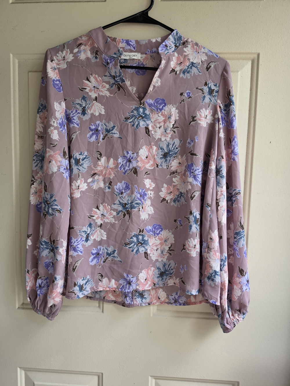 Olivia Grey Mauve Floral V-Neck Long Sleeve Blouse